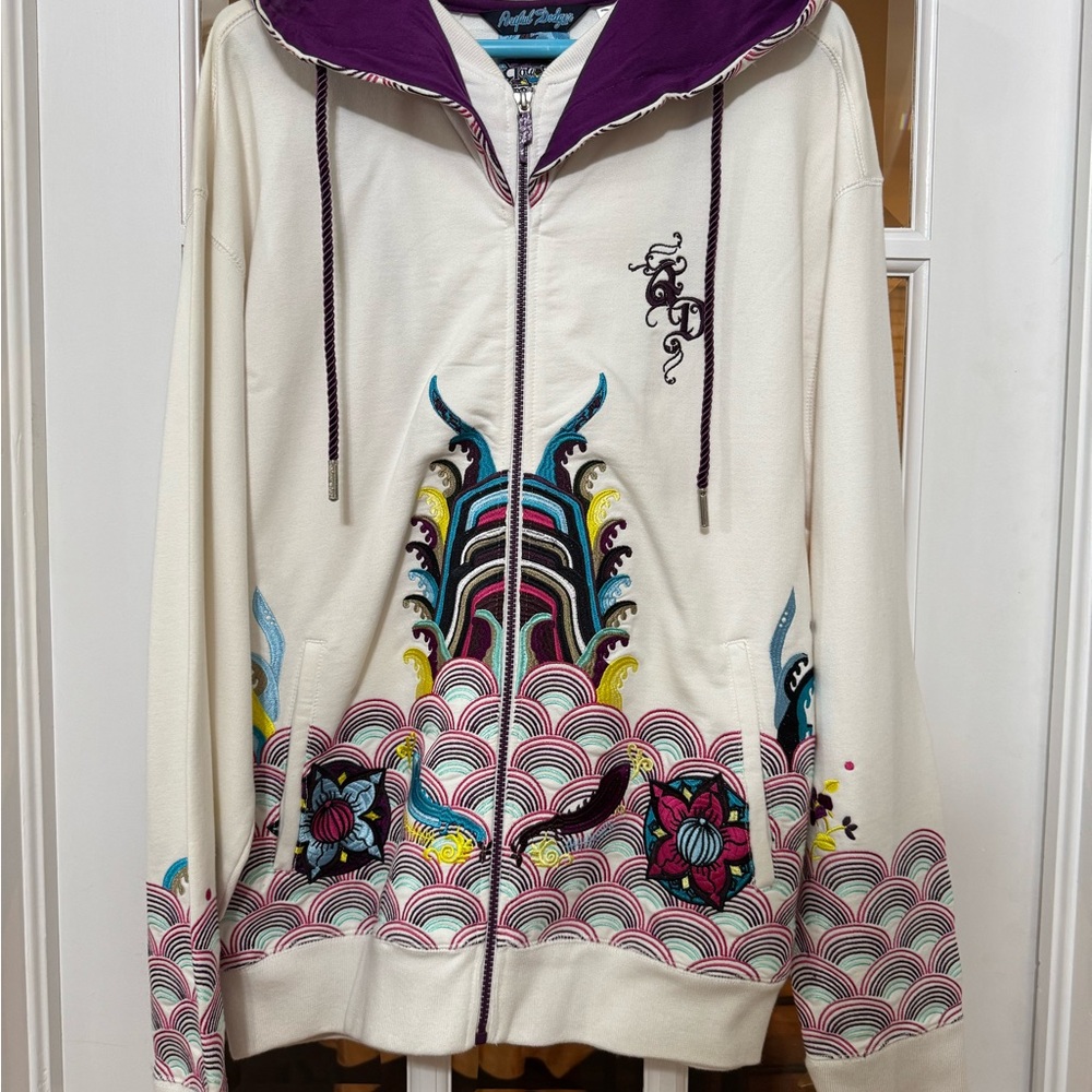 Artful Dodger Men's Zip Up Sweater - Cream and Purple